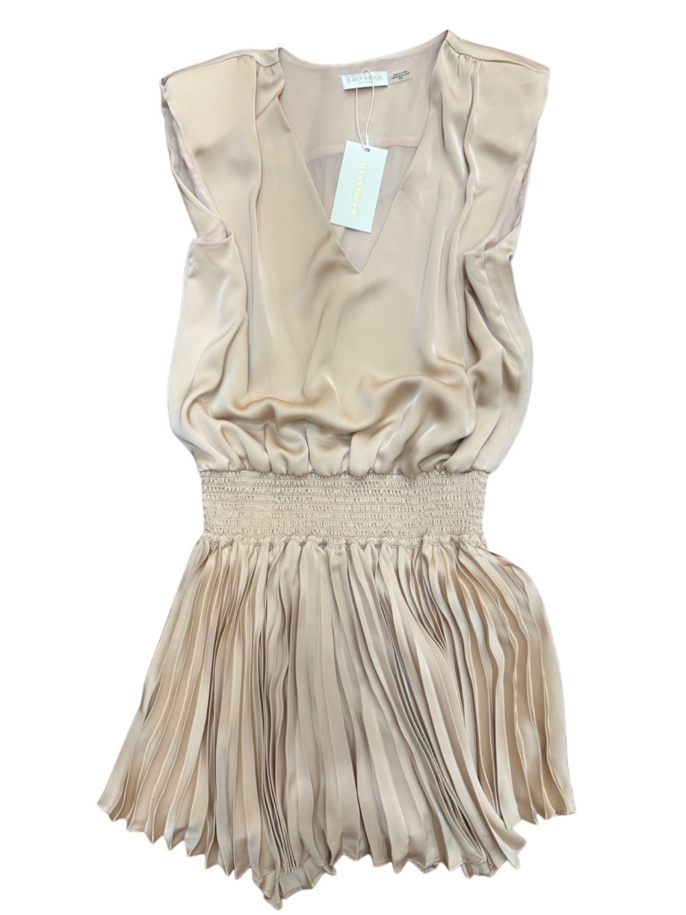 Ramy Brook Rori Dress Medium NWT Champagne Satin Pleated Skirt Smocked Waist